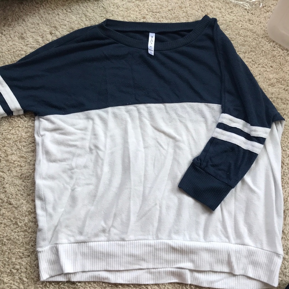 Navy blue and white sweater.